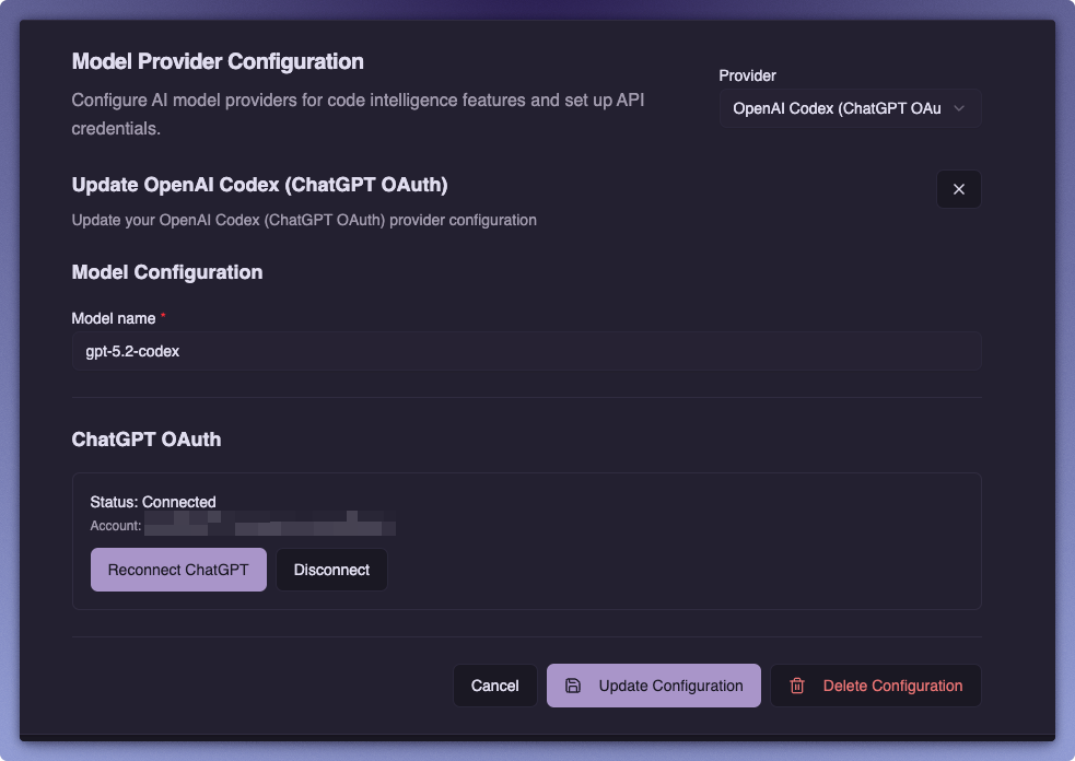 Code Confluence model provider configuration supporting all major AI providers
